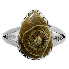 Premium Quality Flower Fossil Coral 925 Sterling Silver Ring s.8 Jewelry R-1074