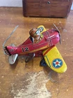 VTG MARX Tin Wind Up Airplane Toy Red Yellow Pilot Plane No 12 USA MADE WORKING