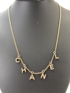 Authentic CHANEL Logo Charm Necklace Gold Plated Metal Chain 41cm Engraved Accessories