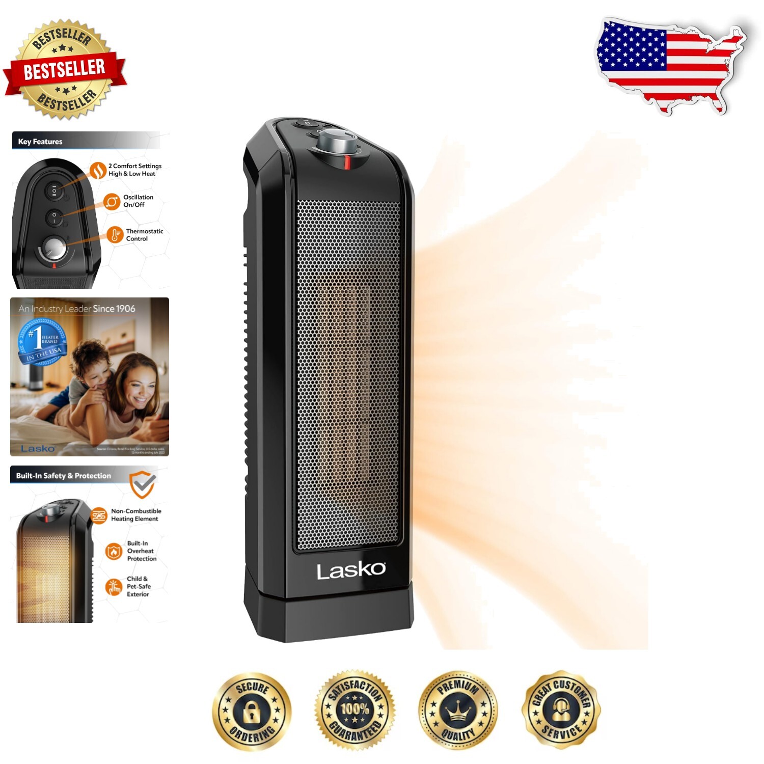 15.7-Inch Oscillating Ceramic Heater with Adjustable Thermostat, 1500W, Black