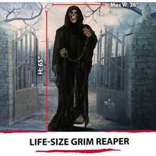 Life-Size Animated Grim Reaper Prop with Chain and Rotating Head, Black
