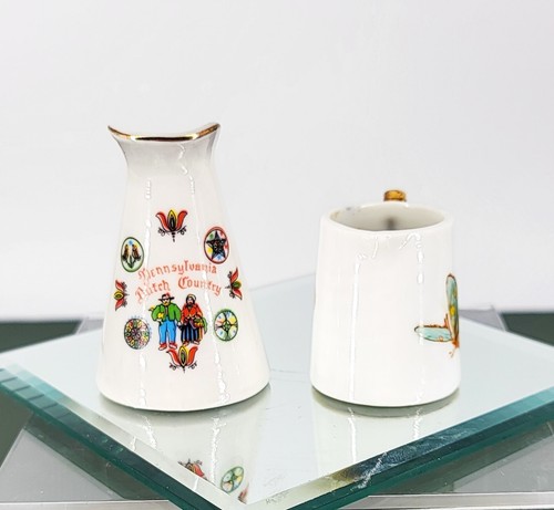 Two Hand Painted Porcelain Miniature Pitchers Pennsylvania Dutch Butterflies MCM - Picture 2 of 10