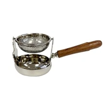 6" Stainless Steel Tea Strainer and Drip Cup with Wood Handle