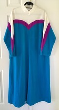 VTG Vanity Fair Sz XL Color Block Velour Lounger House Coat Robe Blue USA Made