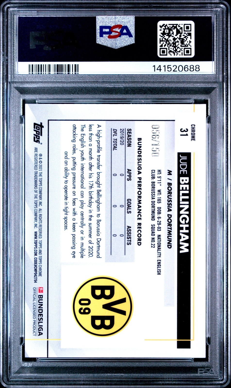 2020 TOPPS CHROME BUNDESLIGA #31 JUDE BELLINGHAM ROOKIE RC 56/150 PSA 8 view 2