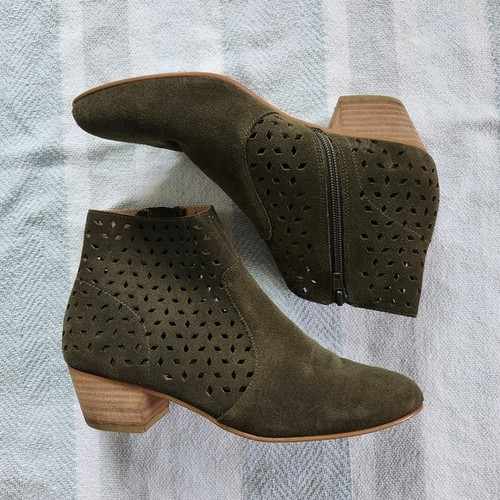 Soludos Lola Perforated Pointed Toe Heeled Ankle Bootie Boots Olive Suede