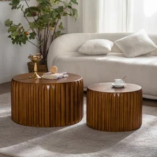 Set of 2 Fluted Round Coffee Table - Solid Wood & MDF Nesting Center Table
