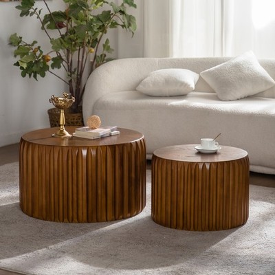 Set of 2 Fluted Round Coffee Table - Solid Wood & MDF Nesting Center Table