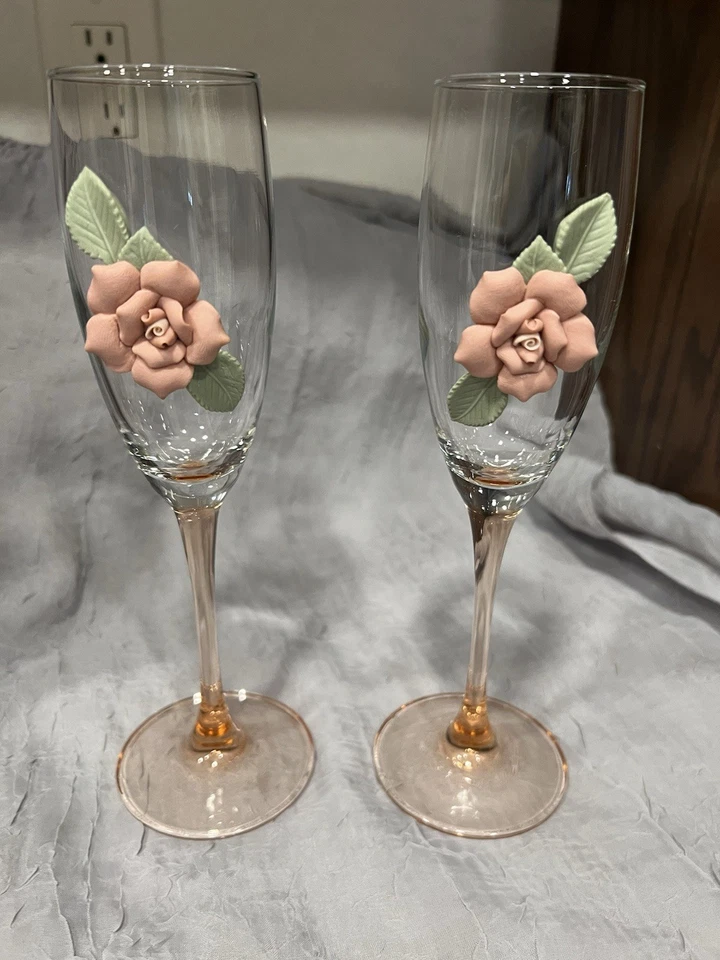 Juego de flauta de vidrio tostado rosa flor rosa resina LILLIAN ROSE caja original como nueva Foto 3 de 4