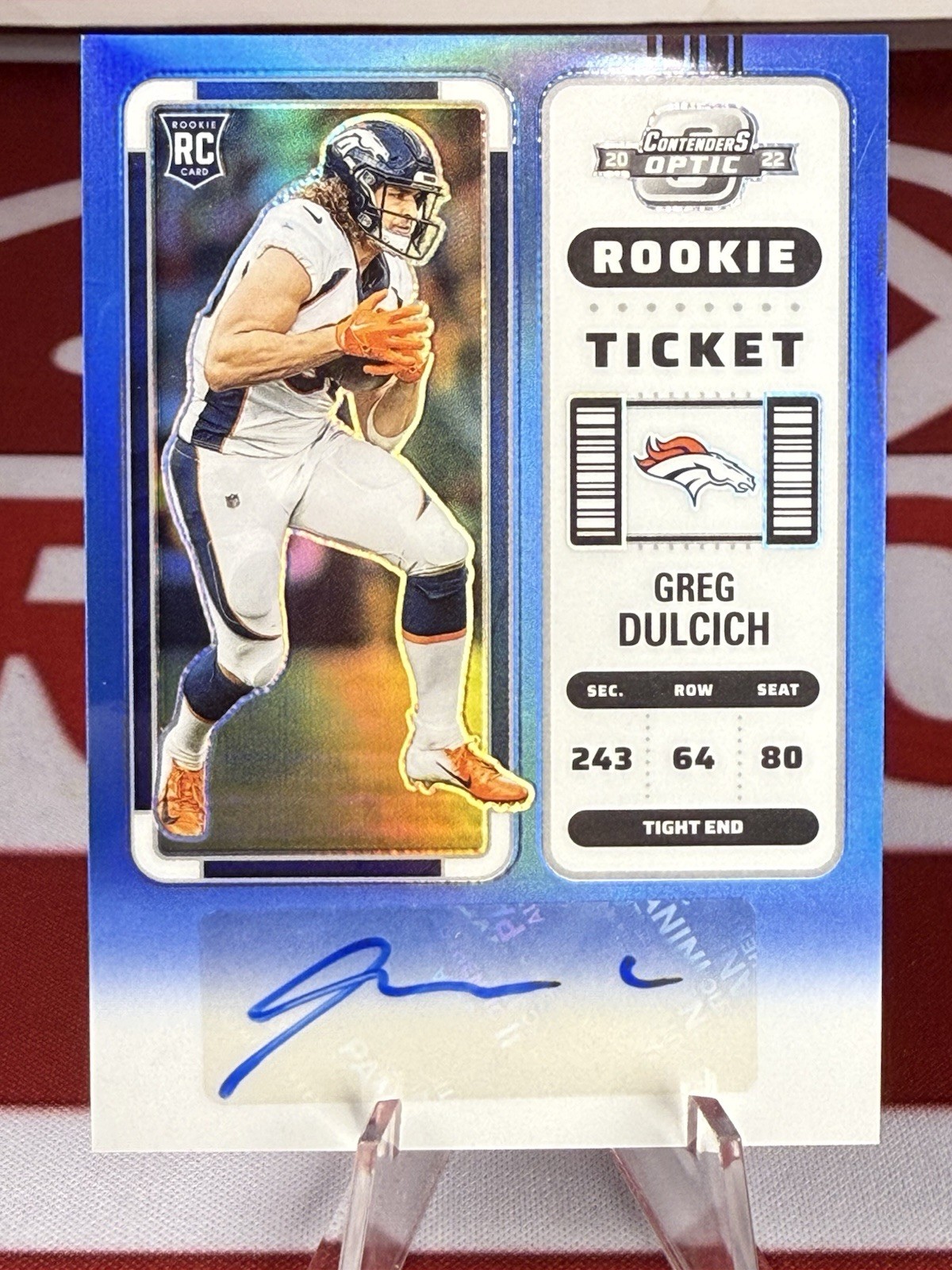 2022 Panini Contenders Optic #166 Greg Dulcich RC Ticket Auto /75 Blue Prizm