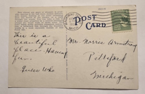 Used 1938 Postcard AS IS Grand Hotel and Grounds Mackinac Island Michigan N22 - Picture 3 of 3