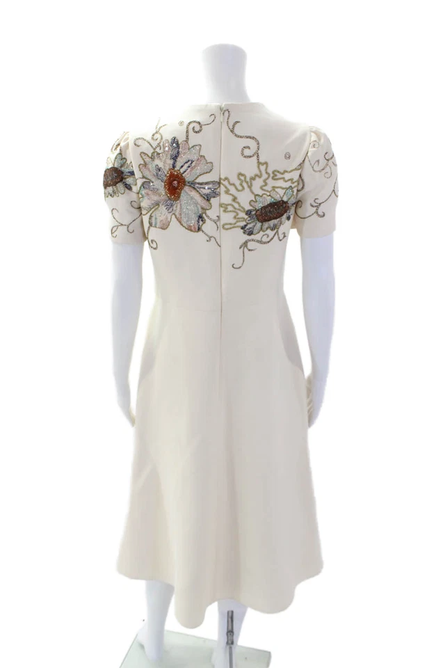 Vestido blanco bordado floral metálico manga corta Valentino para mujer talla 6 Foto 3 de 4