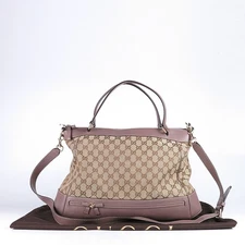 Gucci 257349 GG logo jacquard dark purple leather-trimmed ribbon tote bag + shou