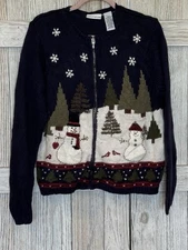 Croft & Barrow Ramie Blend Knit Christmas Sweater Full Zip Jacket Size Snowman
