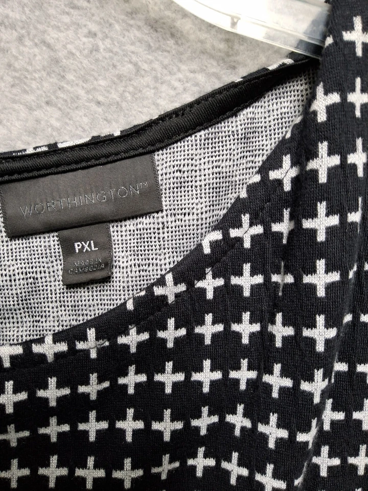 Worthington PXL Peplum Top NWOT Black White Cross Print Y2K Boho Mod Retro - Image 4 of 4
