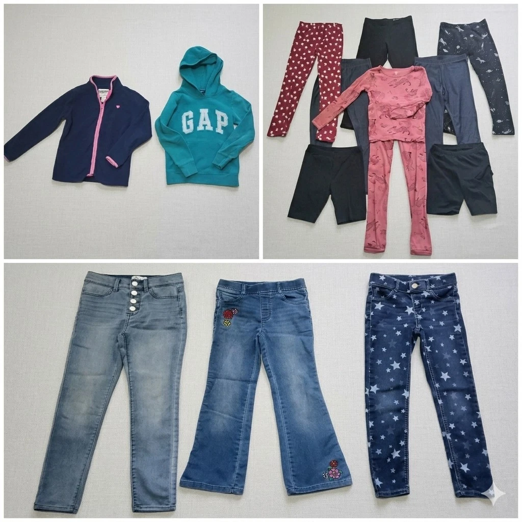 14 Piece Girls Clothing Bundle Size M (7-8) Jeans Leggings Shorts Pajamas Tops