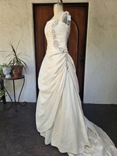 vintage Beaded Silk Asymmetrical Wedding Dress Draped Ballgown Princess gown M/L