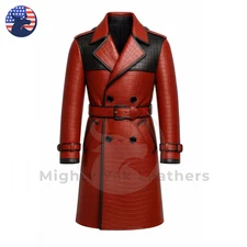 Men's Red Alligator Crocodile Pattern Textured Cowhide Leather Trench Long Coat