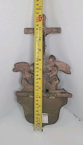 Vintage Brass Holy Water Font – Wall Crucifix with Angels Religious - Picture 9 of 9