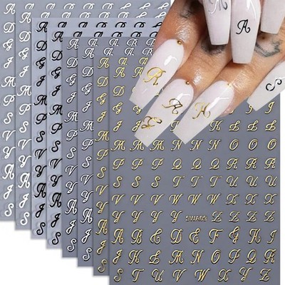 Letter Nail Stickers, 8 Sheets Old English Letter Nail Decals 3D Self-Adhesiv...