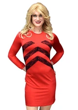 Red Chevron Bodycon Mini Dress Long Sleeve Lace Detail Stretch Party Clubwear