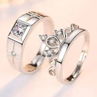 2pcs/set 925 Silver Square Crown Zircon Promise Ring Couple Adjustable Jewelry
