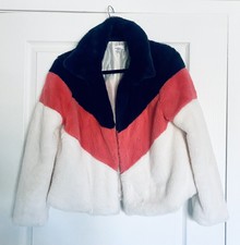 Madison & Berkeley Faux Fur Color Block Chevron Open Front Teddy Coat Jacket M