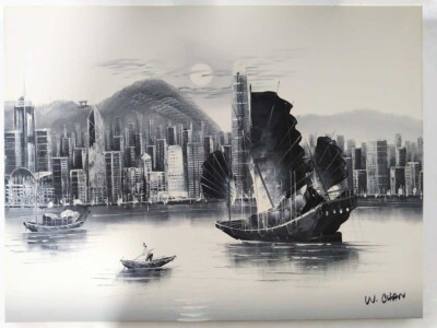 W. Chan 油彩画 船と港の風景 W CHAN - HONG KONG Victoria Harbour Original Painting Oil on