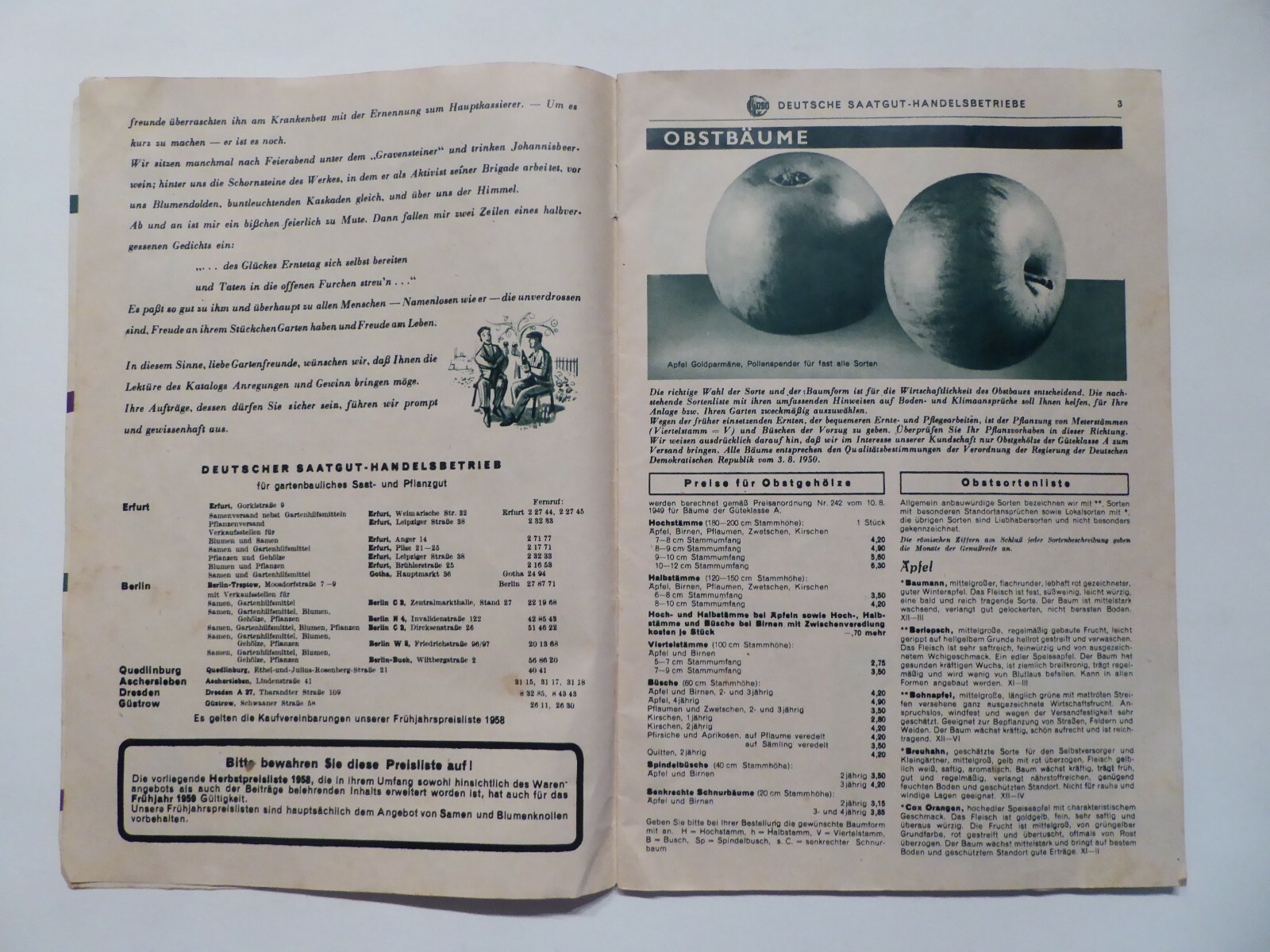 Katalog DSG Deutsche Saatgut Handelsbetriebe Herbst 1958, Erfurt, DDR