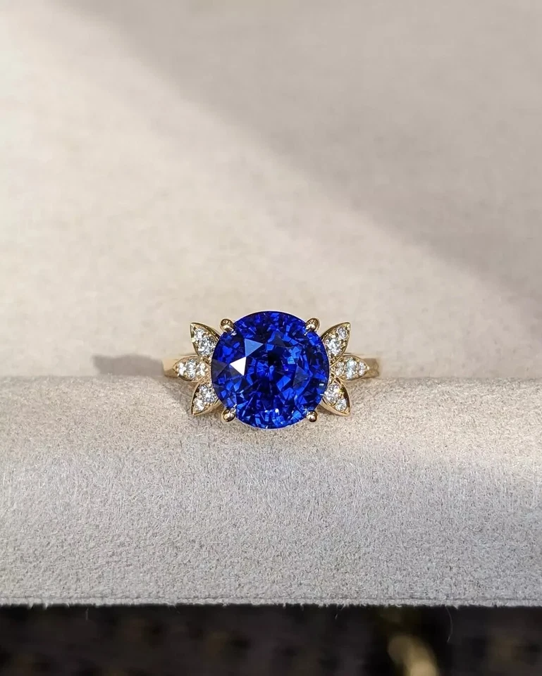 Round Cut 3.54Ct Natural Sapphire Diamond Engagement Ring 18K Yellow Gold 7.5 8 - Image 2 of 4