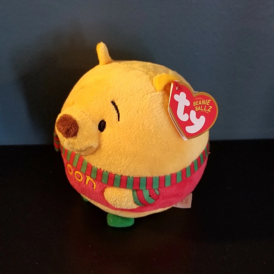 TY Disney Pooh Bear Winnie The Pooh with scarf Beanie Ballz New with Tags  - Image 2 of 4