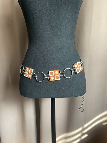 Vtg 1980'S CONCHO BELT 28”-42" SILVER AND ORANGE ENAMEL - Picture 4 of 8
