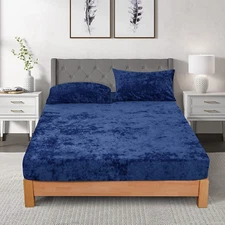 Velvet Fitted Sheet Queen Size With 15'' Deep Pocket Navy Blue NEW