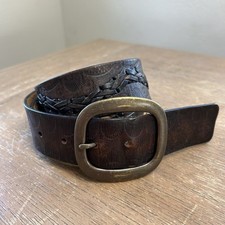Vintage J Crew Western Tooled Leather Belt Size 36 Dark Brown Scalloped Design