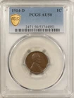 1914-D LINCOLN CENT - PCGS AU-50, CHOCOLATE BROWN! KEY-DATE!