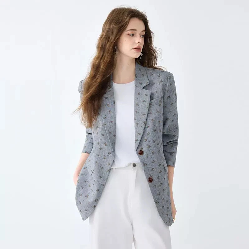 Giacca Donna Albicocca Moda Blazer Lungo Casual Chic Fantasia Floreale CF51586 - Immagine 3 di 4