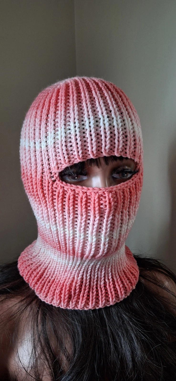 Knit Balaclava Hat Pink White – Handmade Ski Mask Beanie – Unisex Streetwear