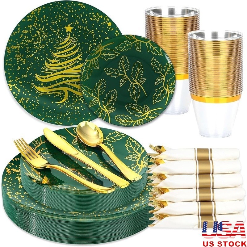 Christmas Dinnerware Set Disposable Plates Cutlery Cups Napkins Holiday Party US