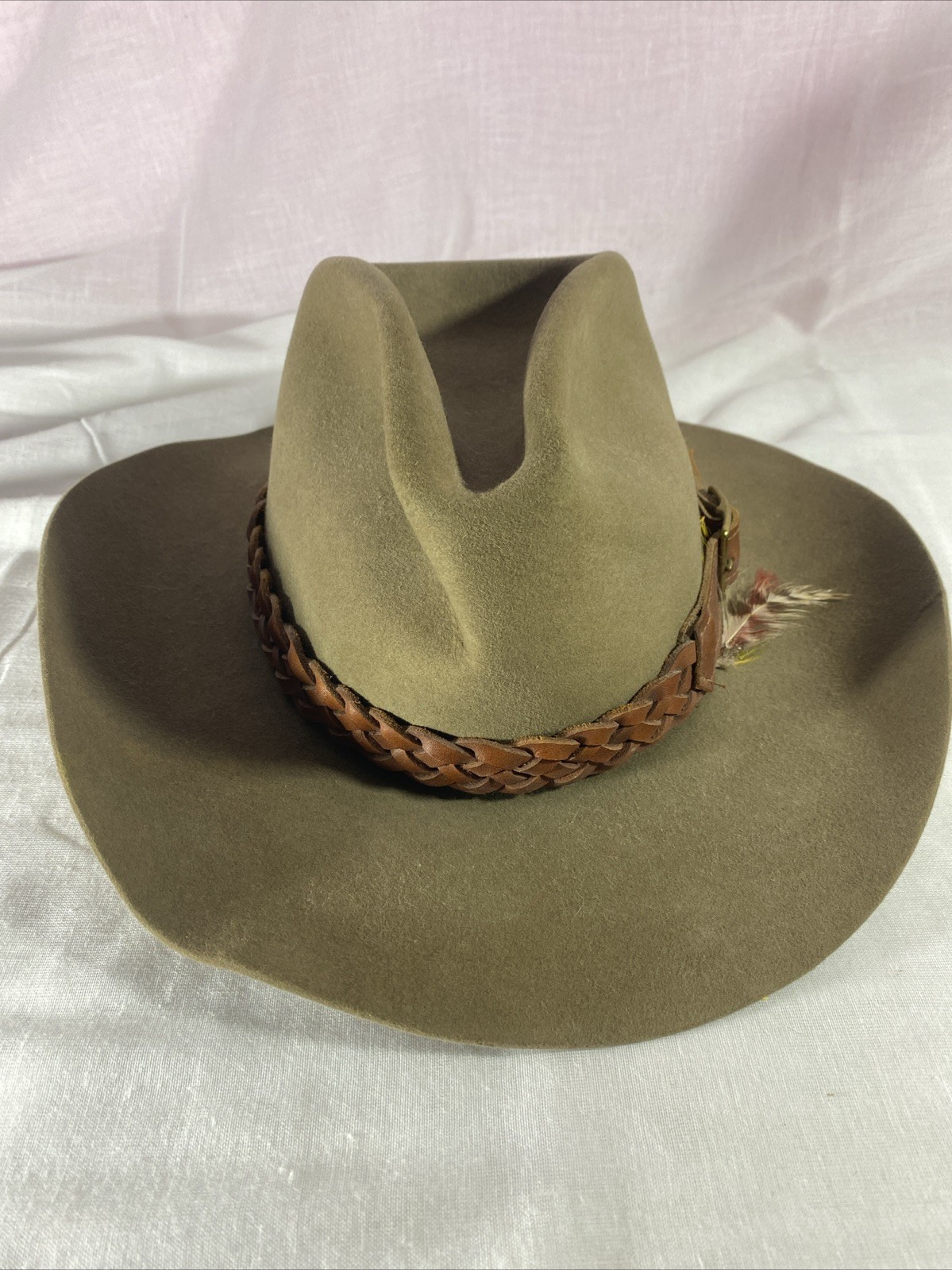 Vintage John B Stetson 3X Beaver Brown Cowboy Hat Size 7 with Feather