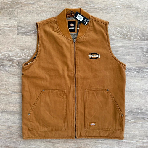 Dickies x Thrasher Men's Brown Canvas Lined Padded Full Zip Vest size L/G video thumbnail