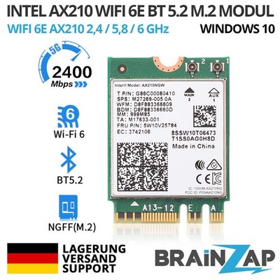 M.2 NGFF WLAN Intel AX210 NGW - WiFi 6 E 3000 Mbps 802.11ax - BT5.2 G86C00080410