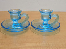 Pair Tiffin U.s. Glass 319 Light Blue Glass Finger Loop Chamber Candle Holders