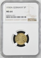 1930A GERMANY 5 REICHSPFENNIG (5P) NGC MS 64 Certified Coin