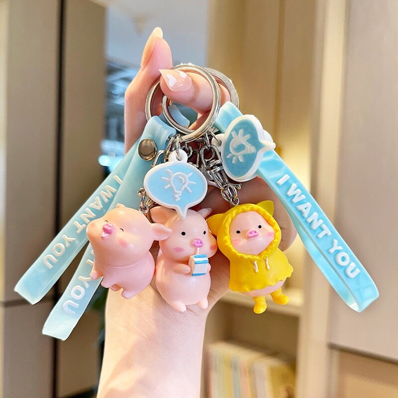 Cartoon Raincoat Piglet Doll Keychain Plastic Pendant Backpack Decoration-image