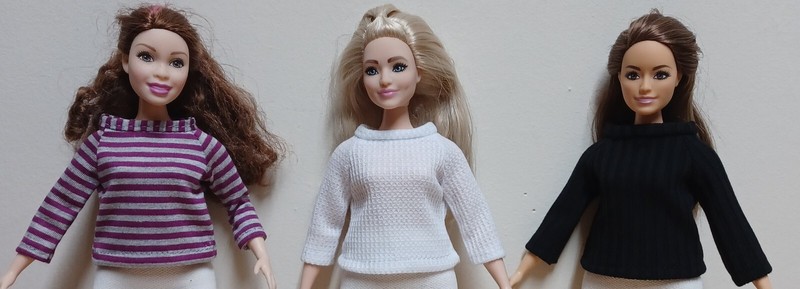 Curvy Barbie 11 1/2" Doll Clothing 3 Tops Striped, White, Black