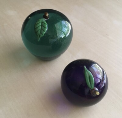 Orient & Flume Apple and Plum Art Glass Paperweights - Signed Alexander  