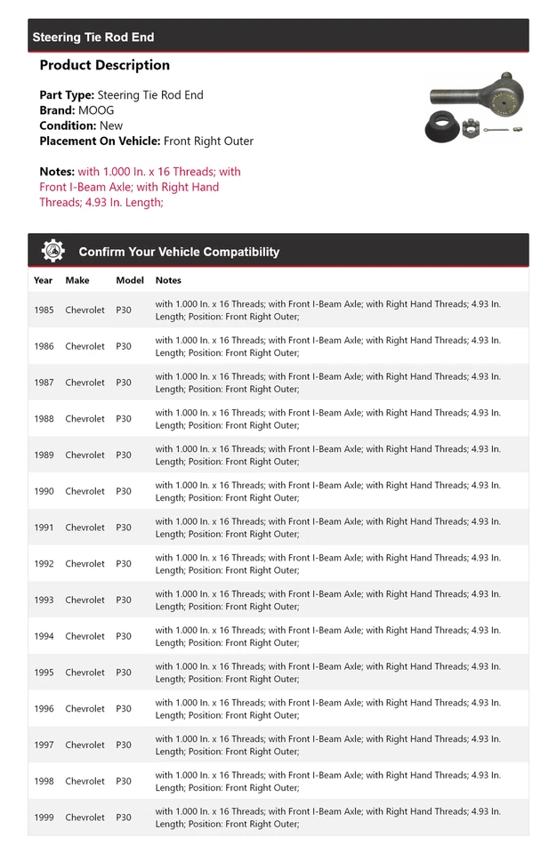 Para 1985-1999 Chevrolet P30 extremidade da haste de direção dianteira direita externa MOOG 1985 - Imagem 2 de 4