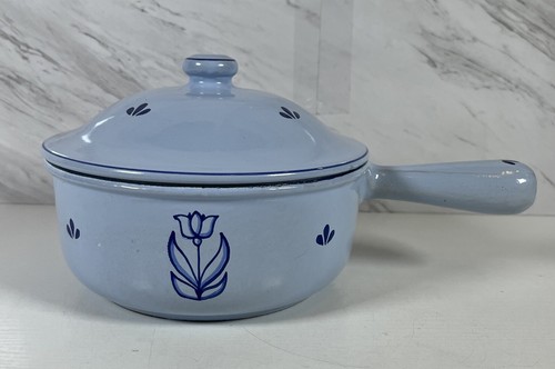 DRU Blue Enamel Sauce Pot & Lid Vintage Made in Holland Tulip Design #20 2 Qts