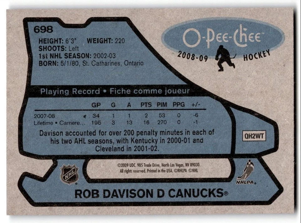 2008-09 O-Pee-Chee '79-80 Retro Rob Davison #698 Vancouver Canucks - Image 2 of 2