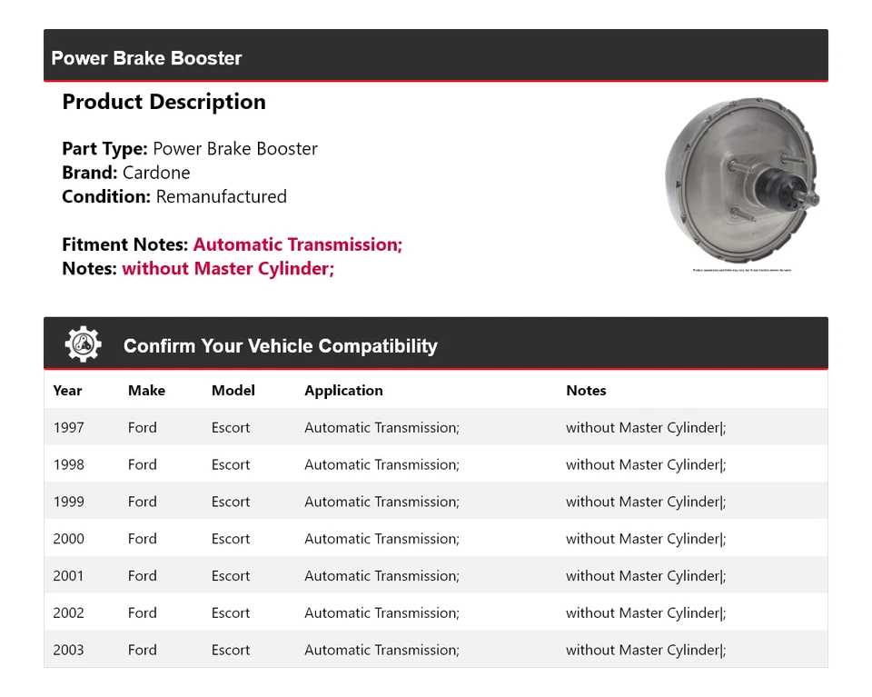 Para Ford Escort 1997-2003 Power Brake Booster Cardone 1998 1999 2000 2001 2002 Foto 2 de 4